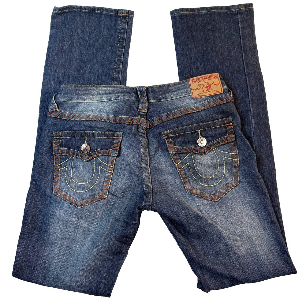 True Religion Y2K Jeans Womens 29 Low Rise Med Wash Embroidered Flap Pocket USA